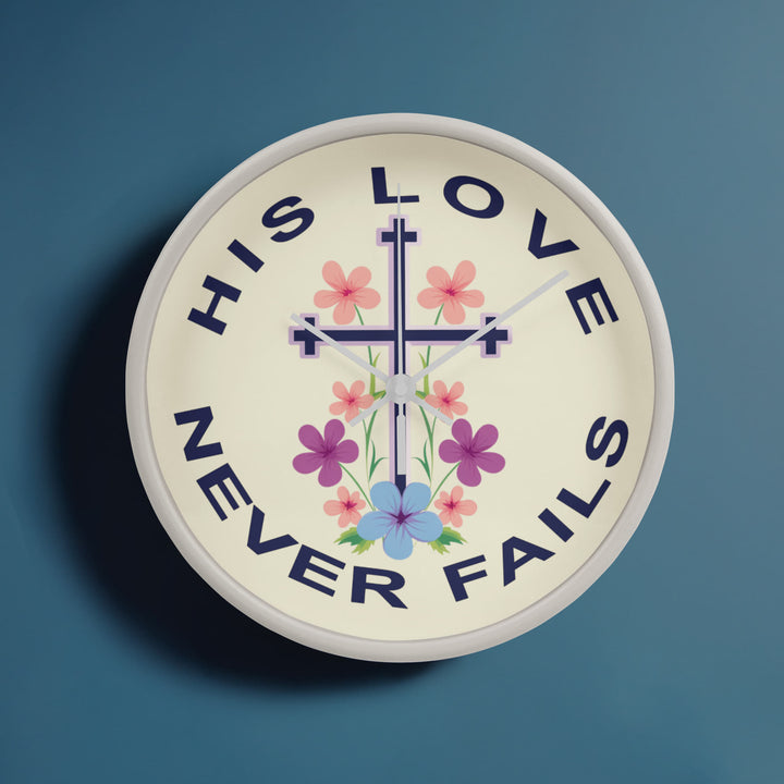 His Love Never Fails Wood Frame 10” Clock – Gift for Her