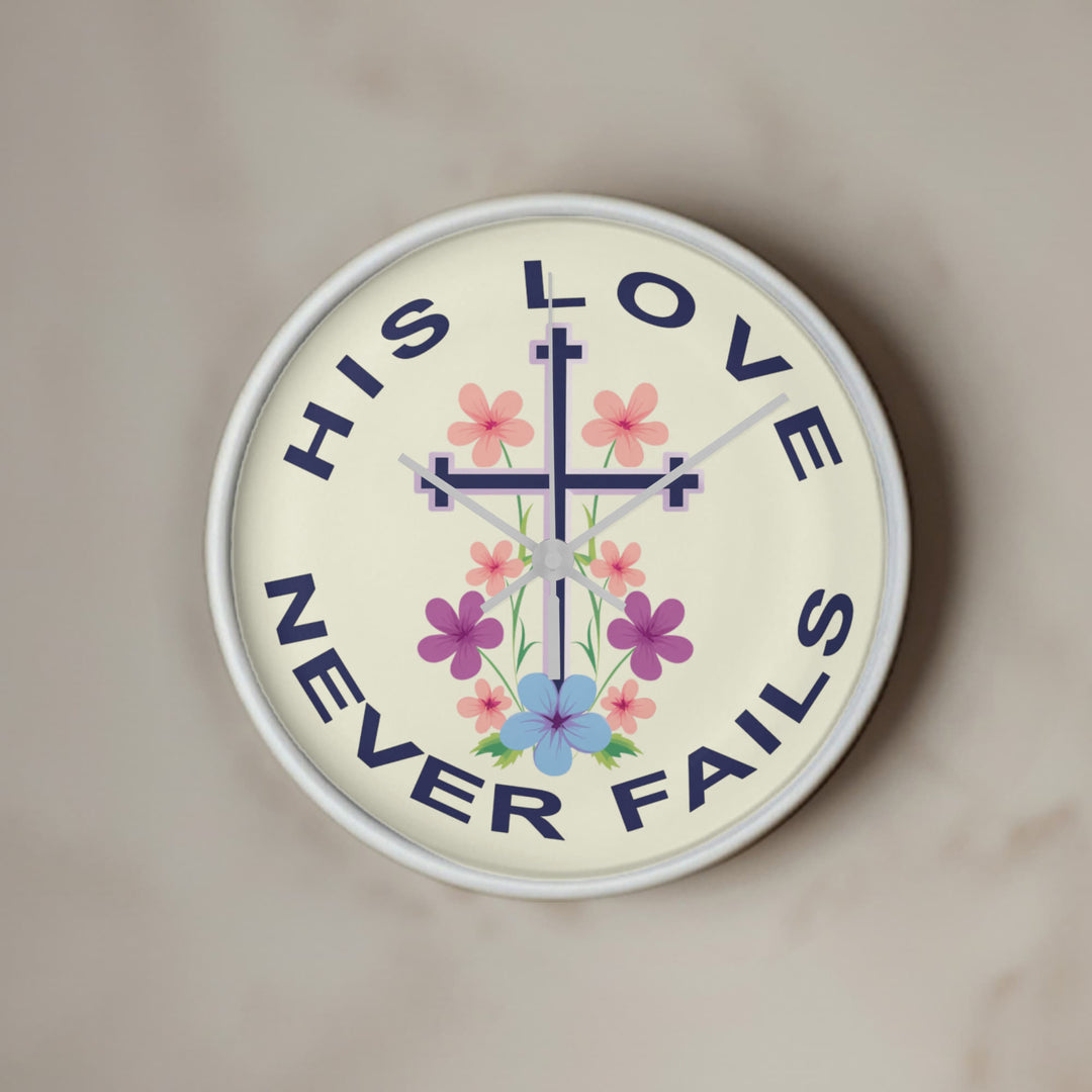 His Love Never Fails Wood Frame 10” Clock – Gift for Her