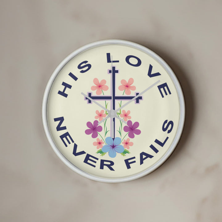His Love Never Fails Wood Frame 10” Clock – Gift for Her