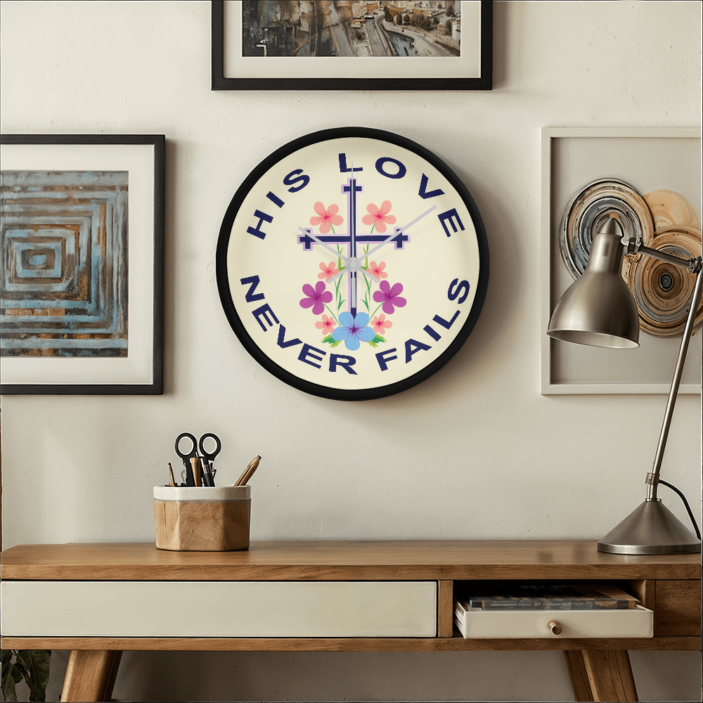 His Love Never Fails Wood Frame 10” Clock – Gift for Her
