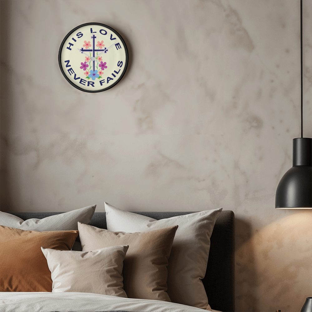 His Love Never Fails Wood Frame 10” Clock – Gift for Her
