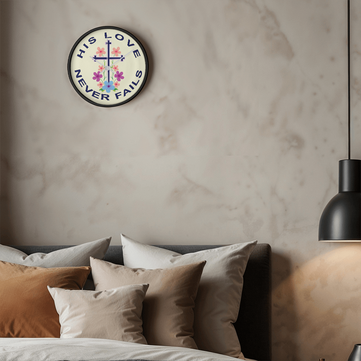 His Love Never Fails Wood Frame 10” Clock – Gift for Her