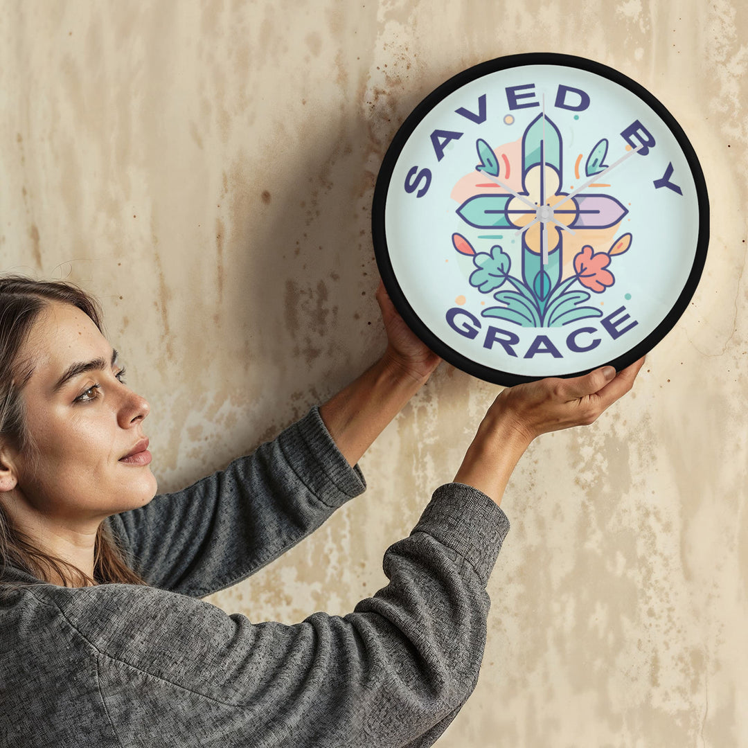 Saved By Grace Wood Frame 10” Clock – Gift for Her