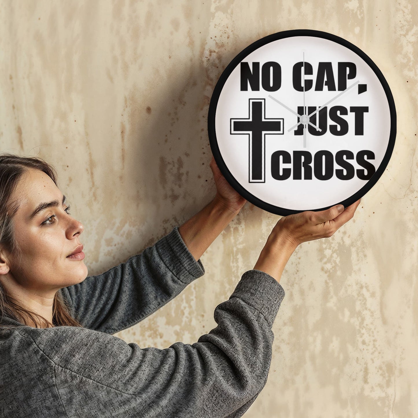 No Cap, Just Cross - Wooden Frame 10" Clock - Gift for Her - Gift for Him