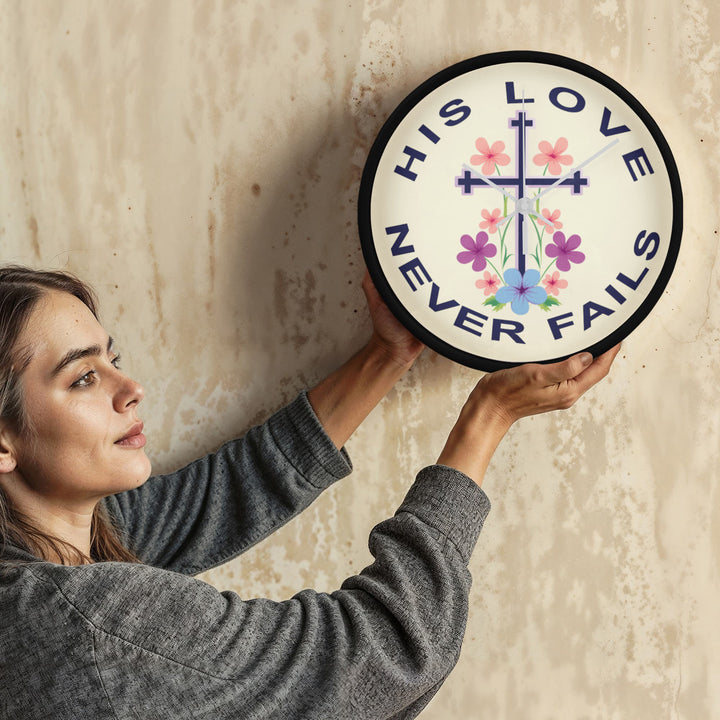 His Love Never Fails Wood Frame 10” Clock – Gift for Her