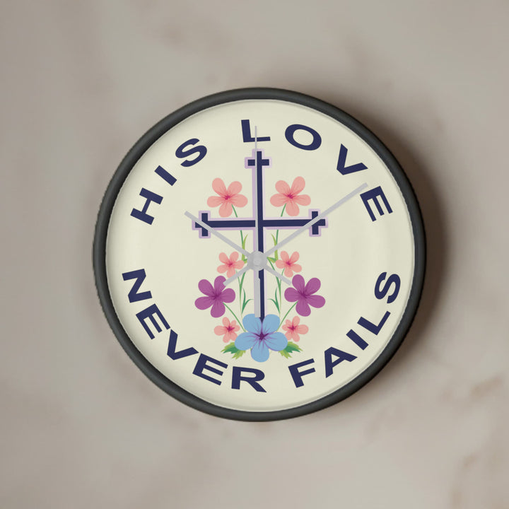 His Love Never Fails Wood Frame 10” Clock – Gift for Her