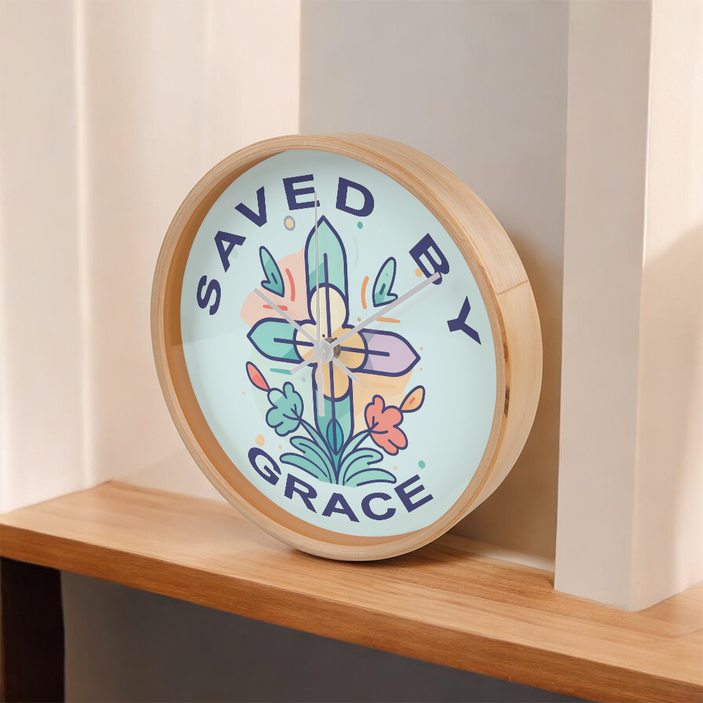 Saved By Grace Wood Frame 10” Clock – Gift for Her