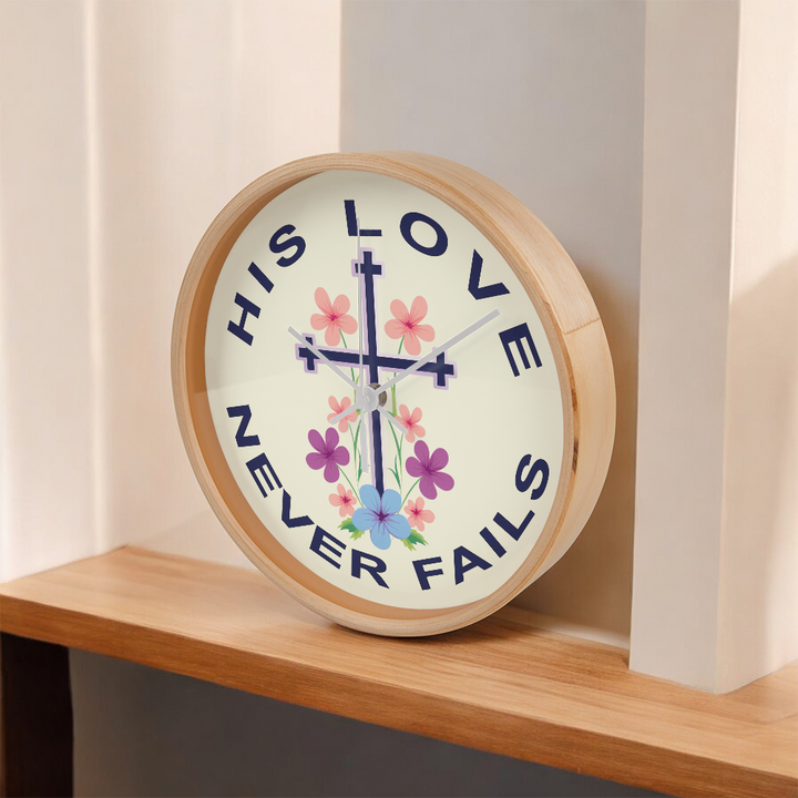 His Love Never Fails Wood Frame 10” Clock – Gift for Her