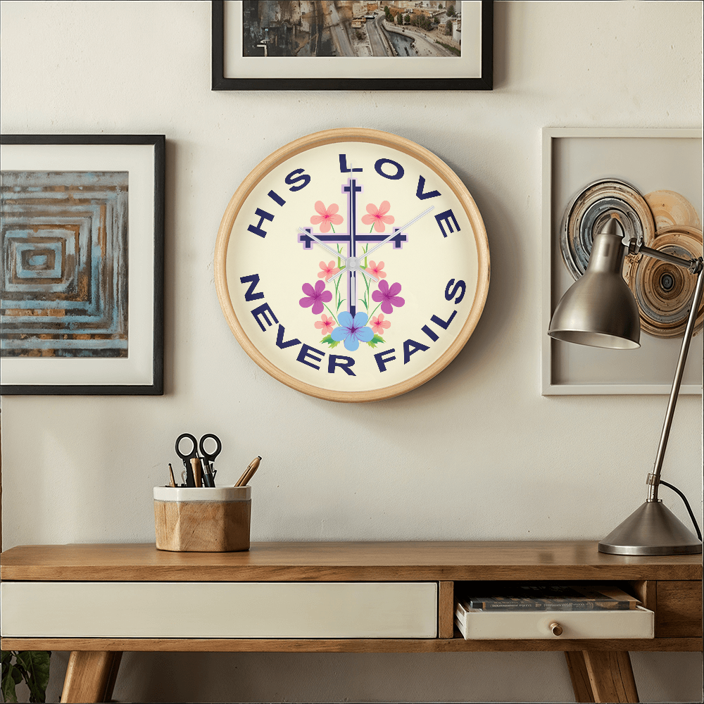 His Love Never Fails Wood Frame 10” Clock – Gift for Her