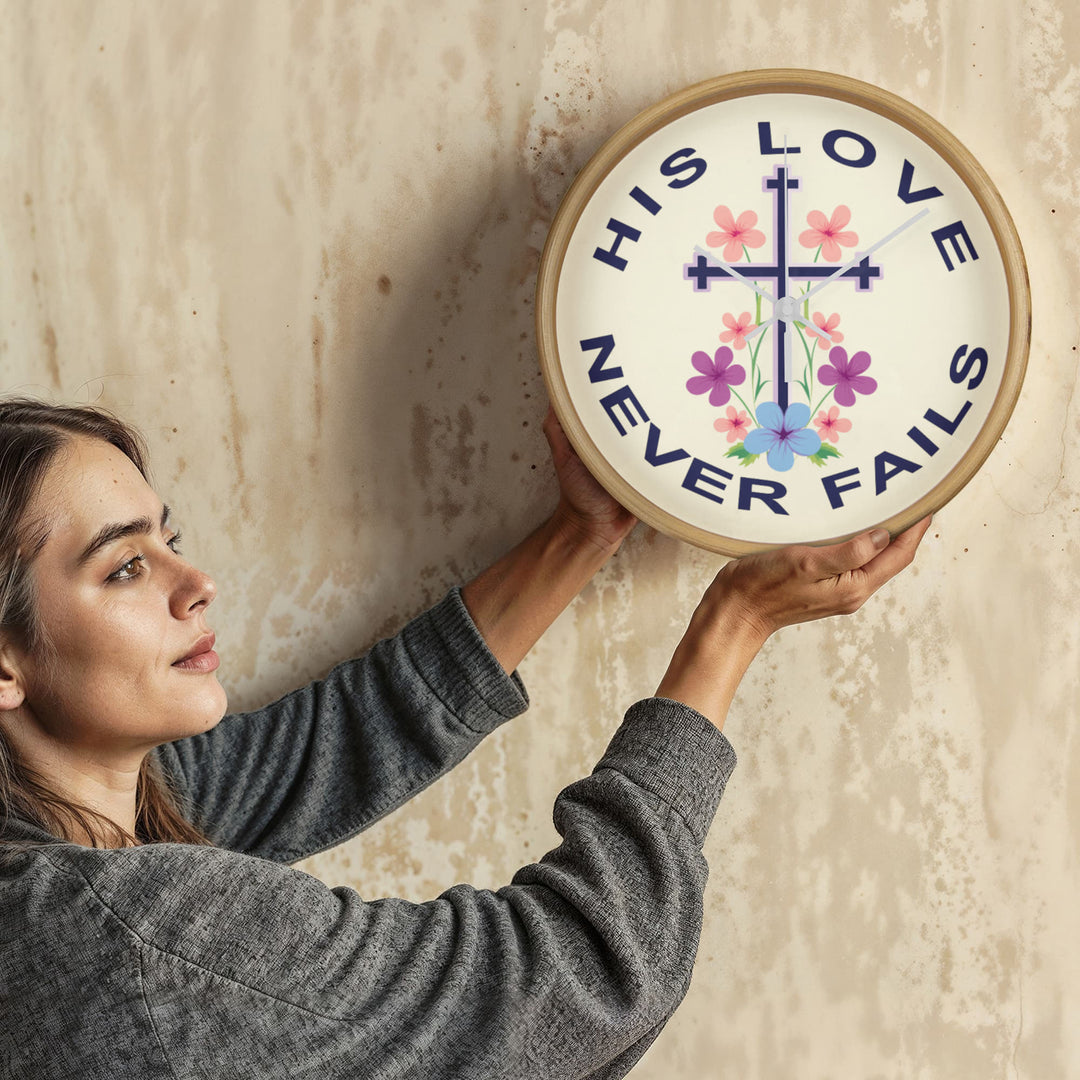 His Love Never Fails Wood Frame 10” Clock – Gift for Her