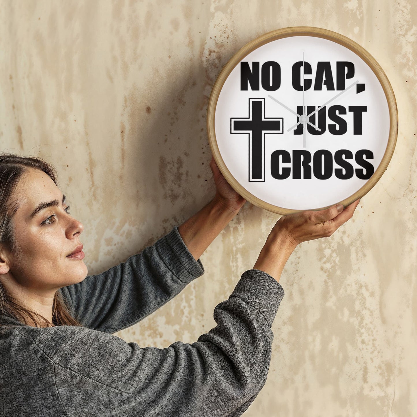 No Cap, Just Cross - Wooden Frame 10" Clock - Gift for Her - Gift for Him