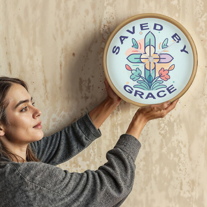 Saved By Grace Wood Frame 10” Clock – Gift for Her