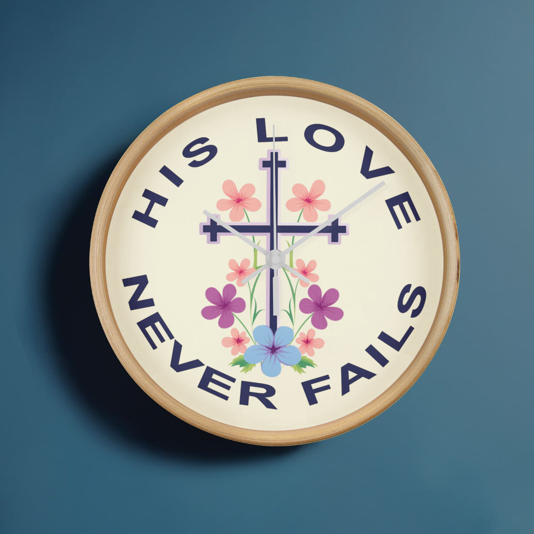 His Love Never Fails Wood Frame 10” Clock – Gift for Her