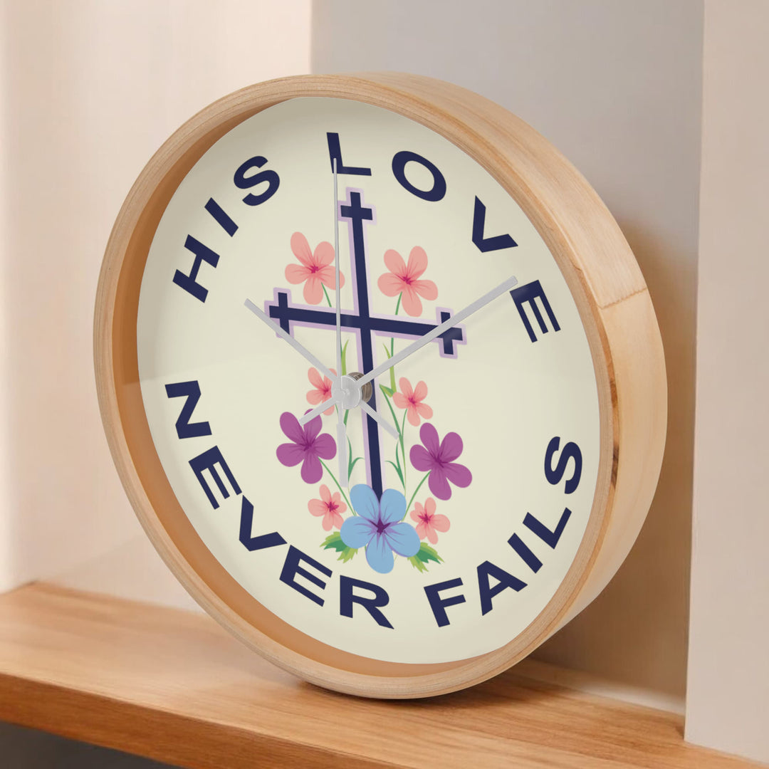 His Love Never Fails Wood Frame 10” Clock – Gift for Her