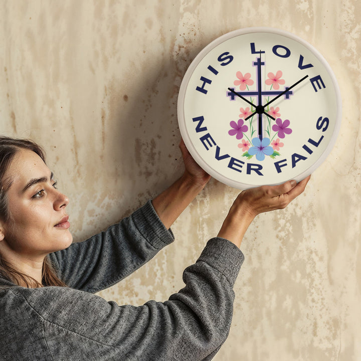His Love Never Fails Wood Frame 10” Clock – Gift for Her