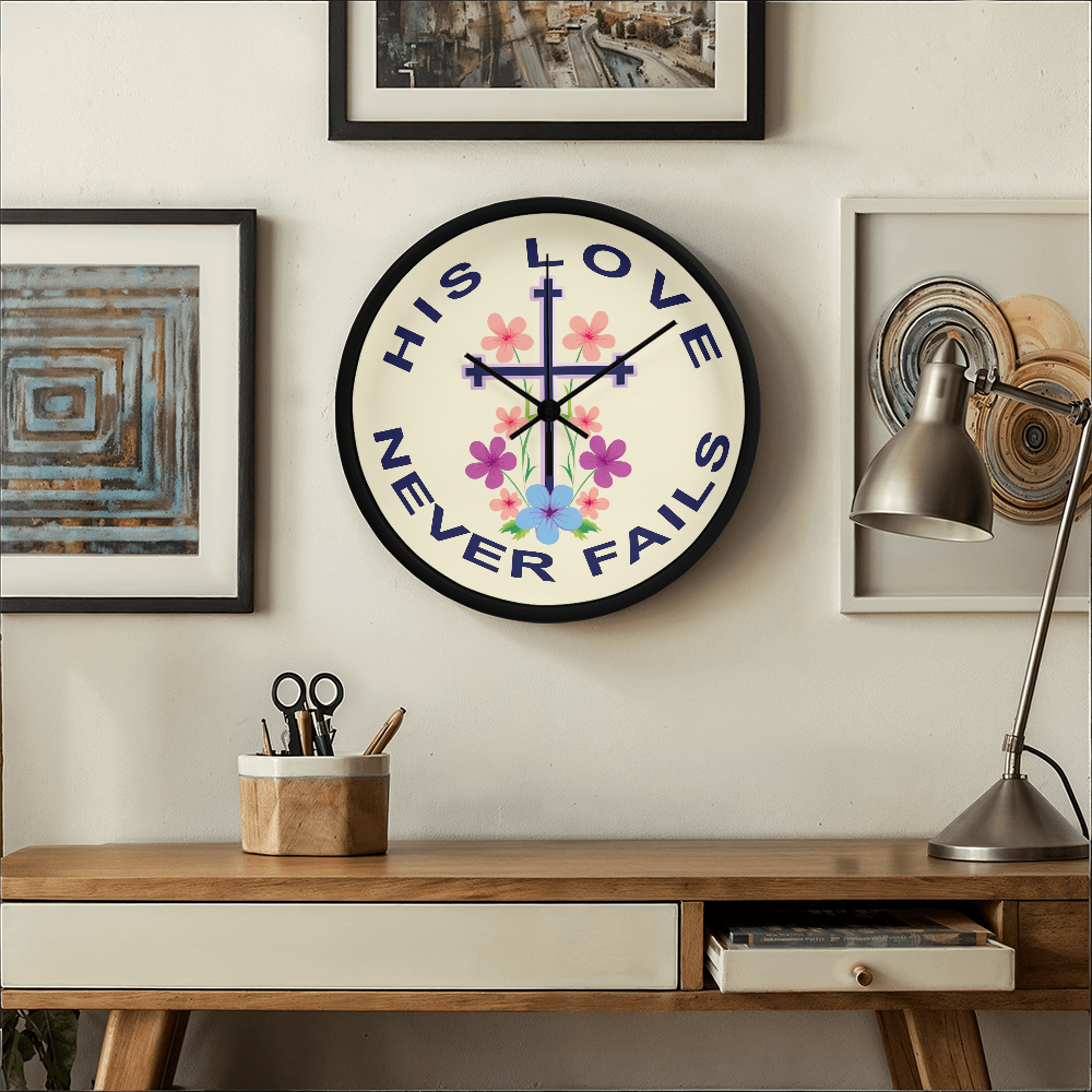 His Love Never Fails Wood Frame 10” Clock – Gift for Her