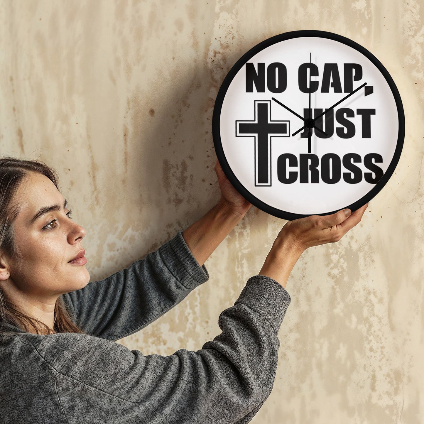No Cap, Just Cross - Wooden Frame 10" Clock - Gift for Her - Gift for Him