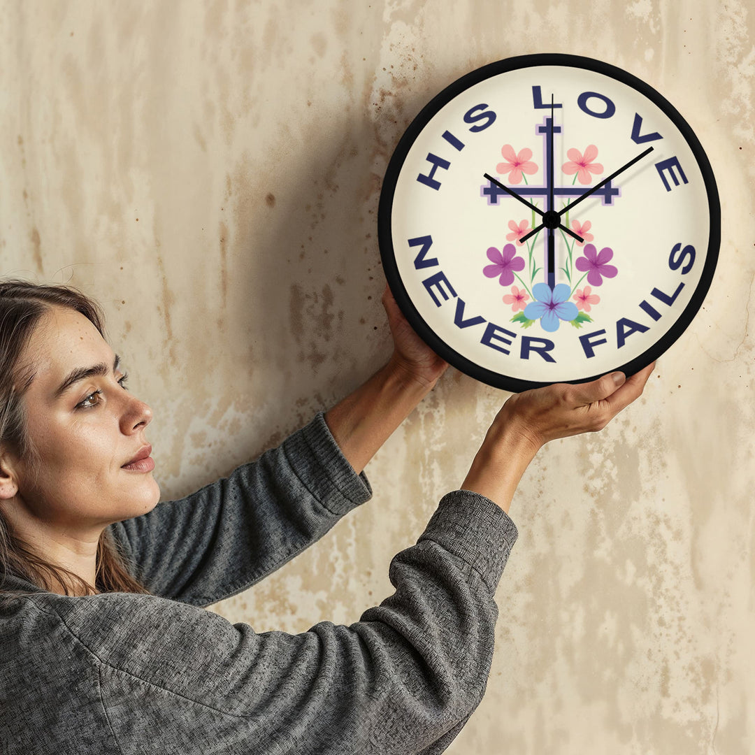 His Love Never Fails Wood Frame 10” Clock – Gift for Her