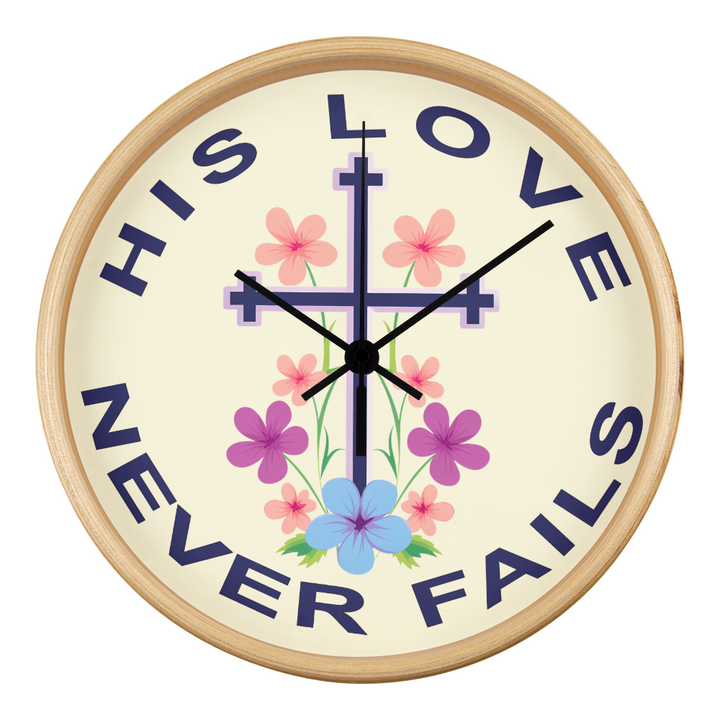 His Love Never Fails Wood Frame 10” Clock – Gift for Her