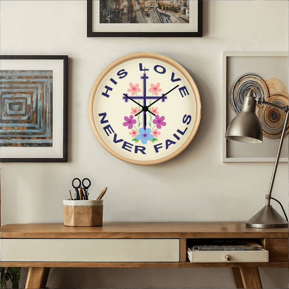 His Love Never Fails Wood Frame 10” Clock – Gift for Her
