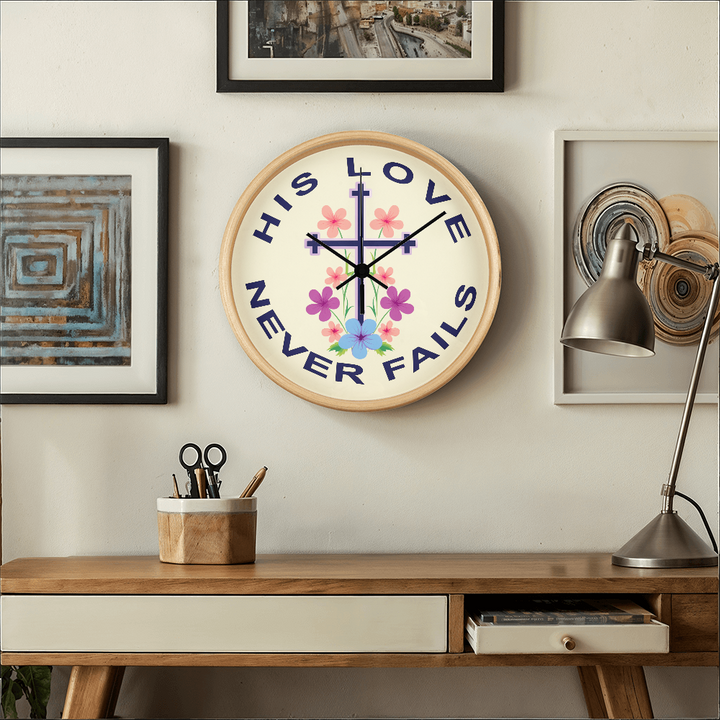 His Love Never Fails Wood Frame 10” Clock – Gift for Her