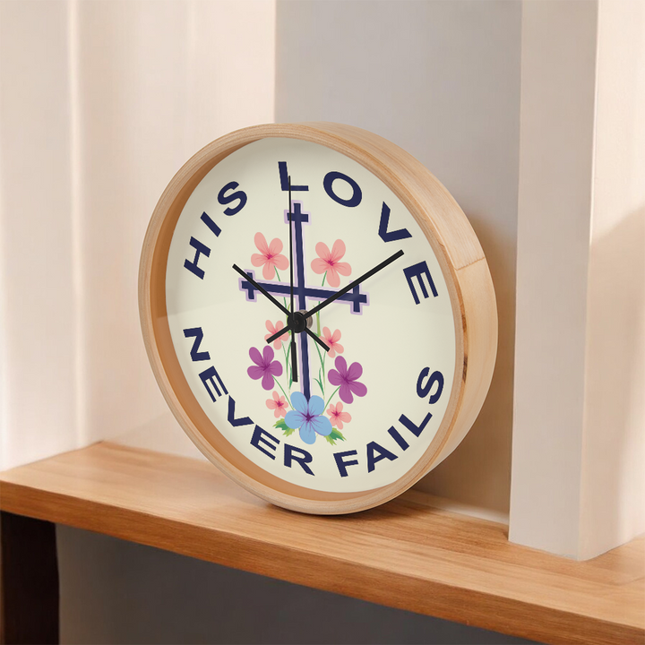 His Love Never Fails Wood Frame 10” Clock – Gift for Her