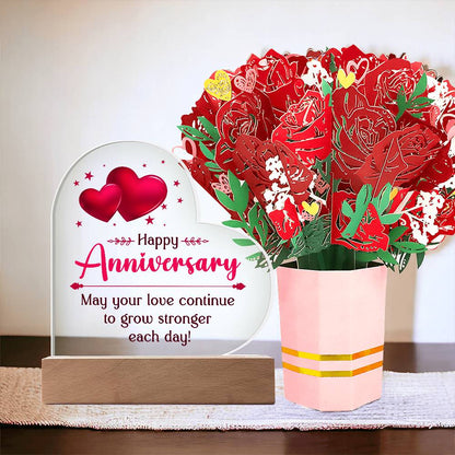 Happy Anniversary, May Your Love Continue To Grow Stronger Each Day! - Acrylic Heart & Sweetest Devotion Flower Bouquet - Gift for Wife