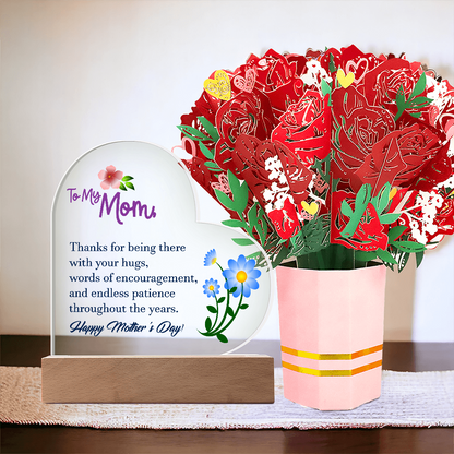 To My Mom, Thanks For Being There - Happy Mother's Day - Acrylic Heart & Sweetest Devotion Flower Bouquet - Gift for Mom