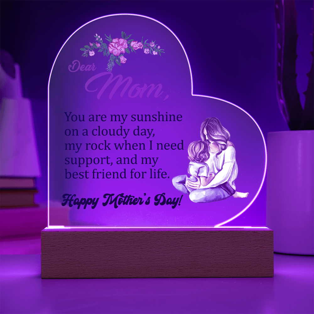 Dear Mom, You Are My Sunshine On A Cloudy Day - Happy Mother's Day - Acrylic Heart & Sweetest Devotion Flower Bouquet - Gift for Mom