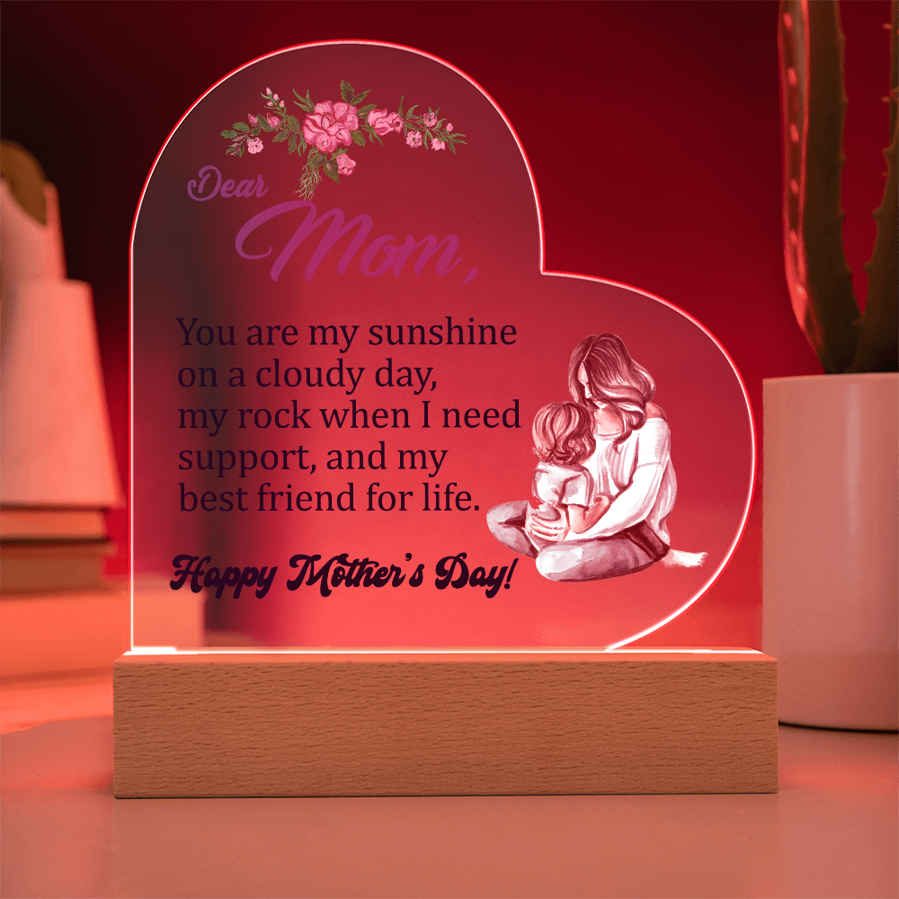 Dear Mom, You Are My Sunshine On A Cloudy Day - Happy Mother's Day - Acrylic Heart & Sweetest Devotion Flower Bouquet - Gift for Mom