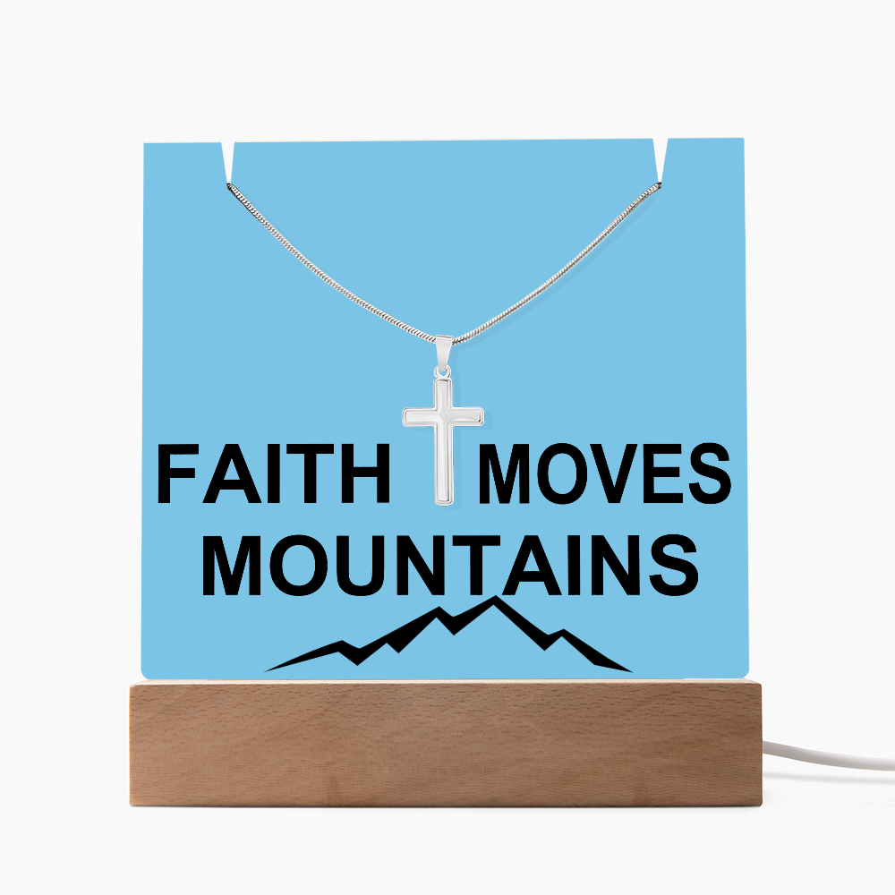 Faith Moves Mountains (Black) Keepsake Acrylic Bundle (Square Acrylic and Cross Necklace) – Gift for Her - Gift for Him