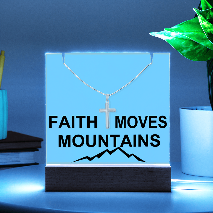 Faith Moves Mountains (Black) Keepsake Acrylic Bundle (Square Acrylic and Cross Necklace) – Gift for Her - Gift for Him