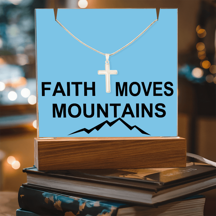 Faith Moves Mountains (Black) Keepsake Acrylic Bundle (Square Acrylic and Cross Necklace) – Gift for Her - Gift for Him