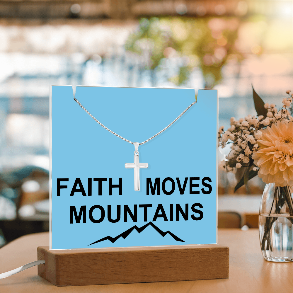 Faith Moves Mountains (Black) Keepsake Acrylic Bundle (Square Acrylic and Cross Necklace) – Gift for Her - Gift for Him