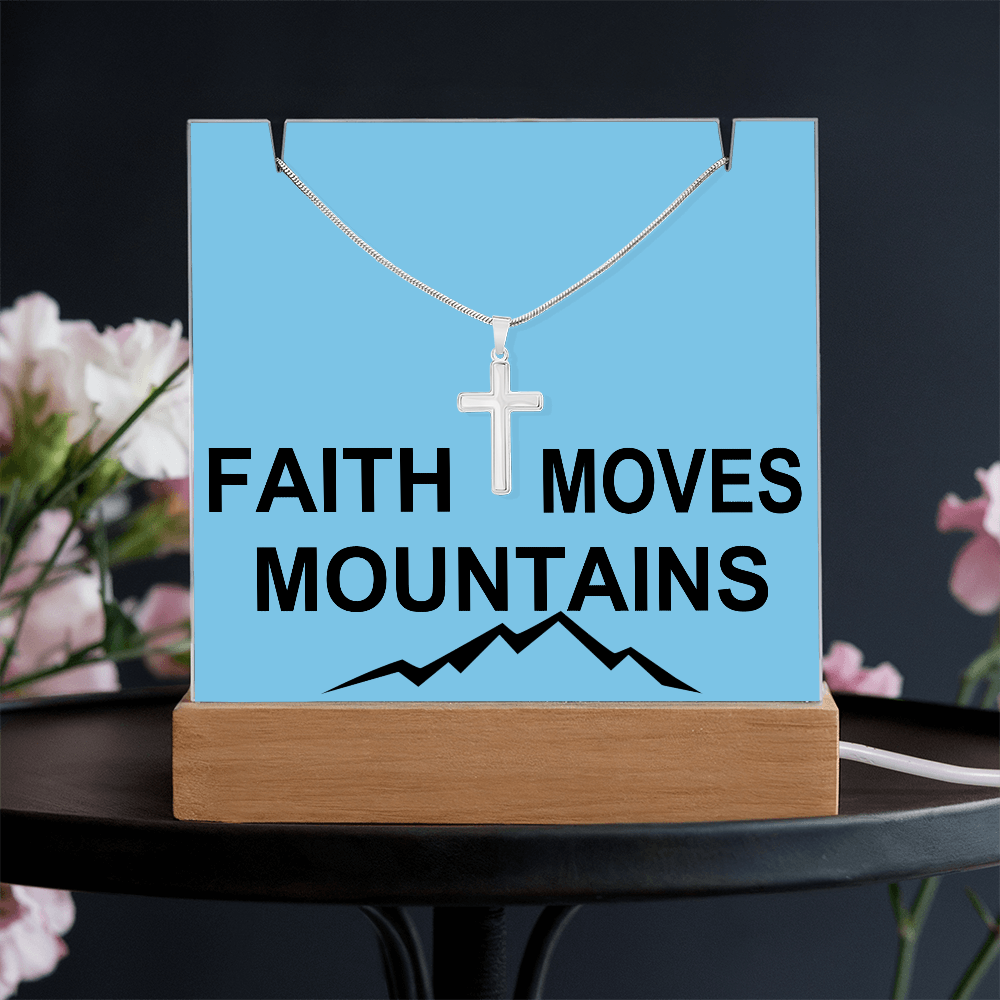 Faith Moves Mountains (Black) Keepsake Acrylic Bundle (Square Acrylic and Cross Necklace) – Gift for Her - Gift for Him