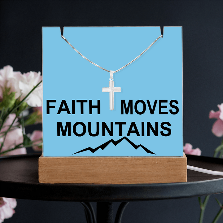 Faith Moves Mountains (Black) Keepsake Acrylic Bundle (Square Acrylic and Cross Necklace) – Gift for Her - Gift for Him