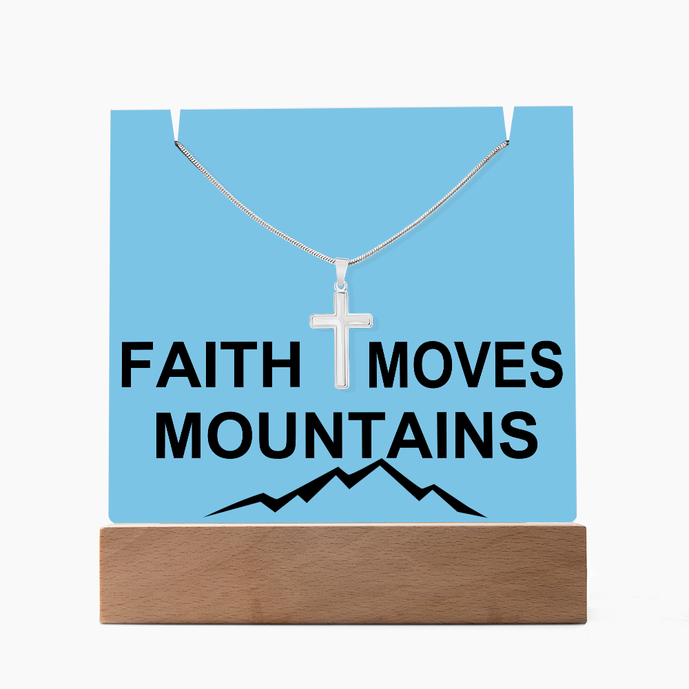 Faith Moves Mountains (Black) Keepsake Acrylic Bundle (Square Acrylic and Cross Necklace) – Gift for Her - Gift for Him