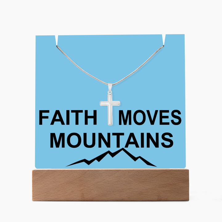 Faith Moves Mountains (Black) Keepsake Acrylic Bundle (Square Acrylic and Cross Necklace) – Gift for Her - Gift for Him
