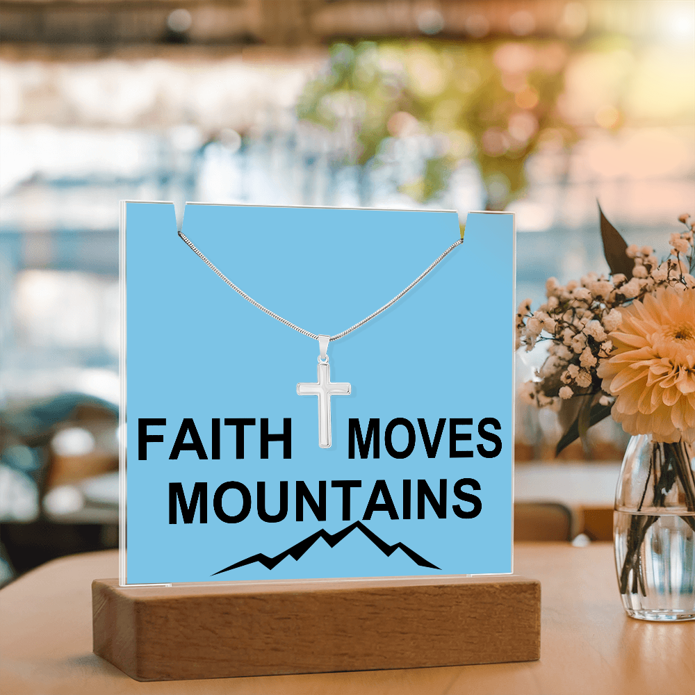 Faith Moves Mountains (Black) Keepsake Acrylic Bundle (Square Acrylic and Cross Necklace) – Gift for Her - Gift for Him