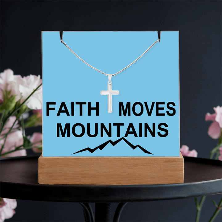 Faith Moves Mountains (Black) Keepsake Acrylic Bundle (Square Acrylic and Cross Necklace) – Gift for Her - Gift for Him