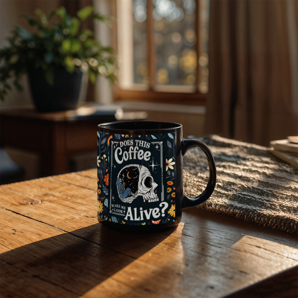 Does This Coffee Make Me Look Alive? - Black Ceramic Mug - Gift for Her - Gift for Him