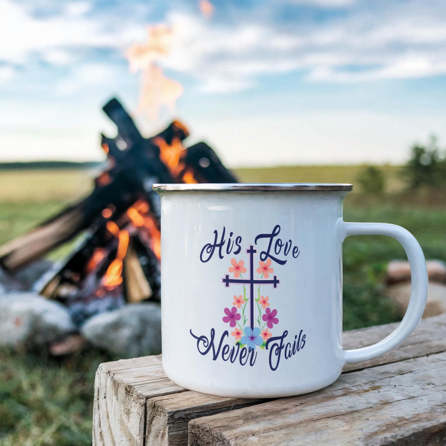 His Love Never Fails - 12oz Enamel Camping Mug - Gift for Her