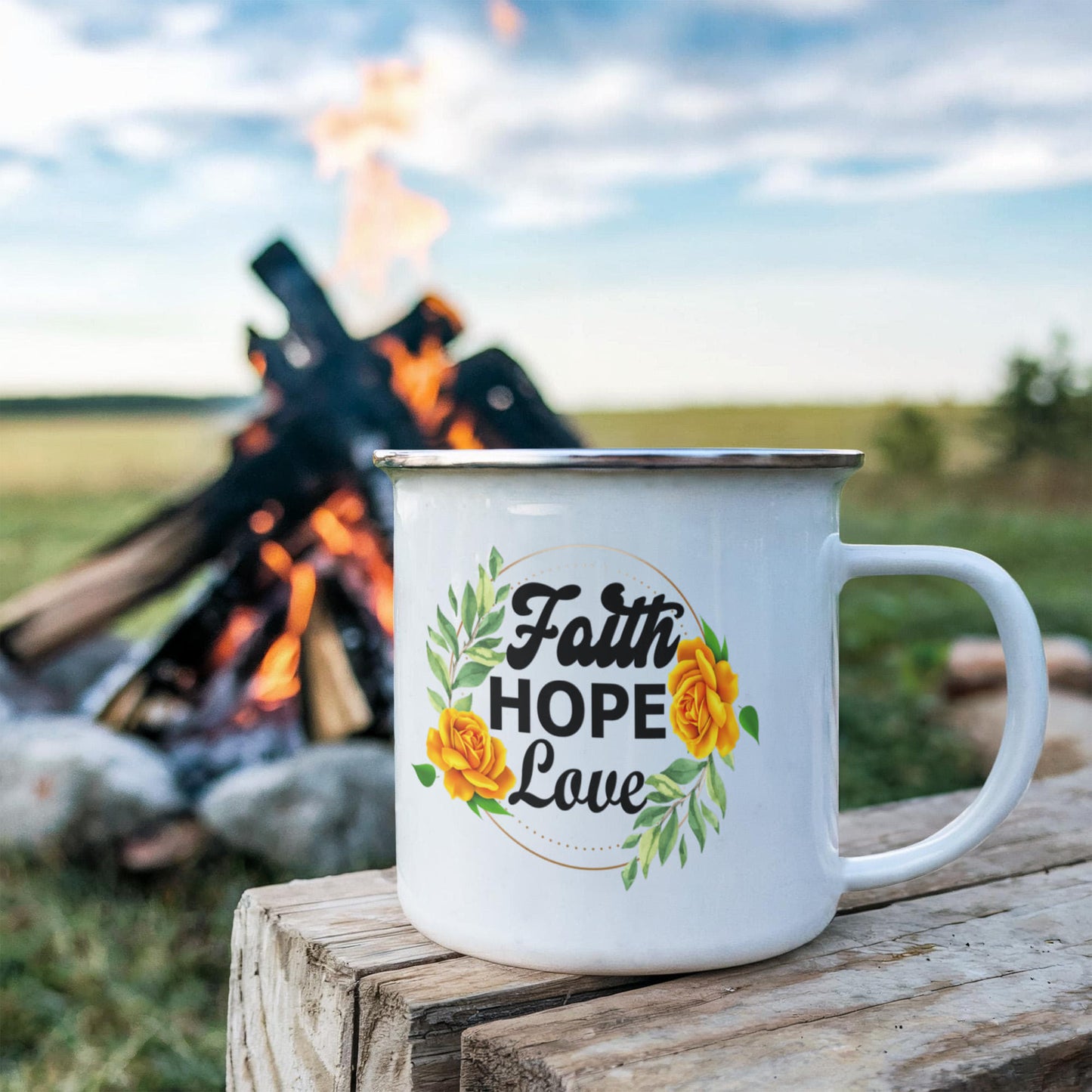 Faith Hope Love - 12oz Enamel Camping Mug - Gift for Her