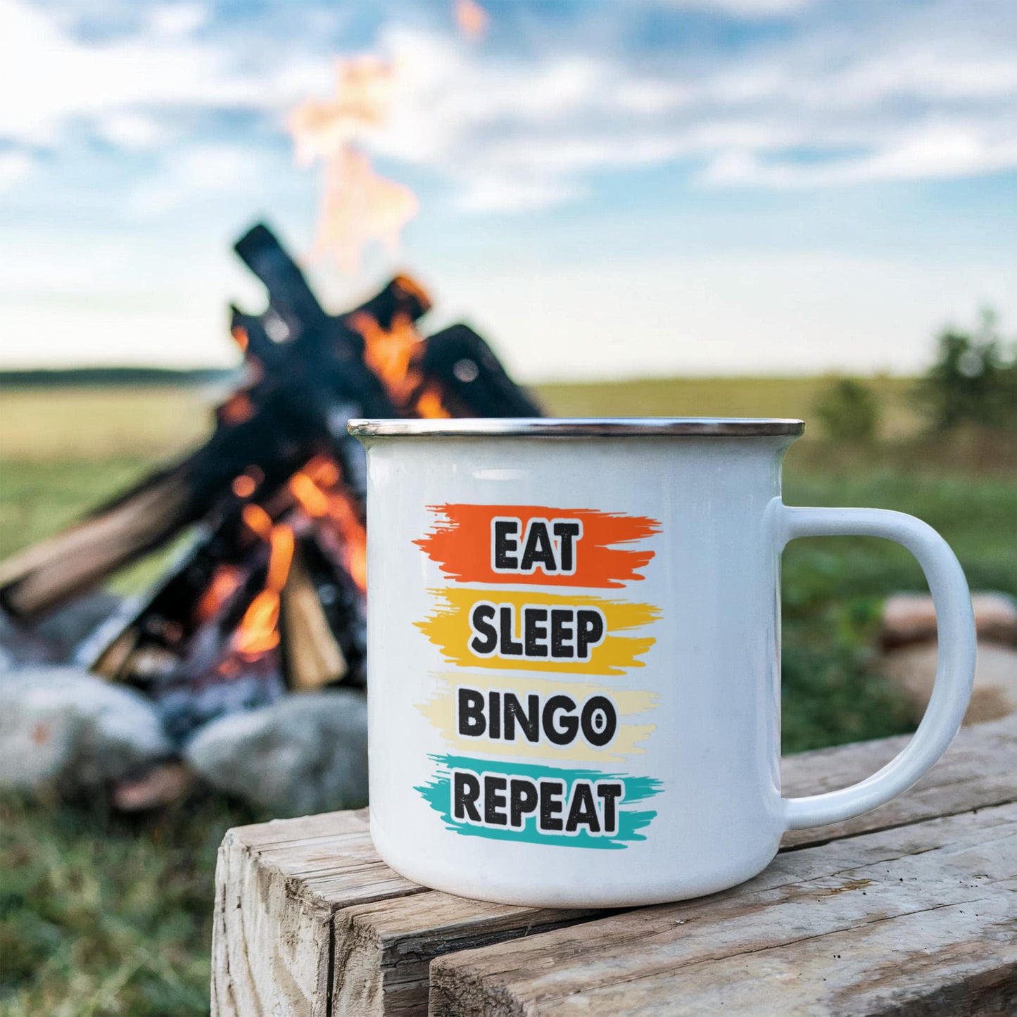 Eat Sleep Bingo Repeat - 12oz Enamel Camping Mug - Gift for Her - Gift for Him