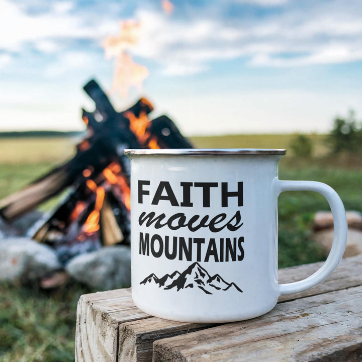 Faith Moves Mountains 12oz Enamel Camping Mug – Gift for Her - Gift for Him