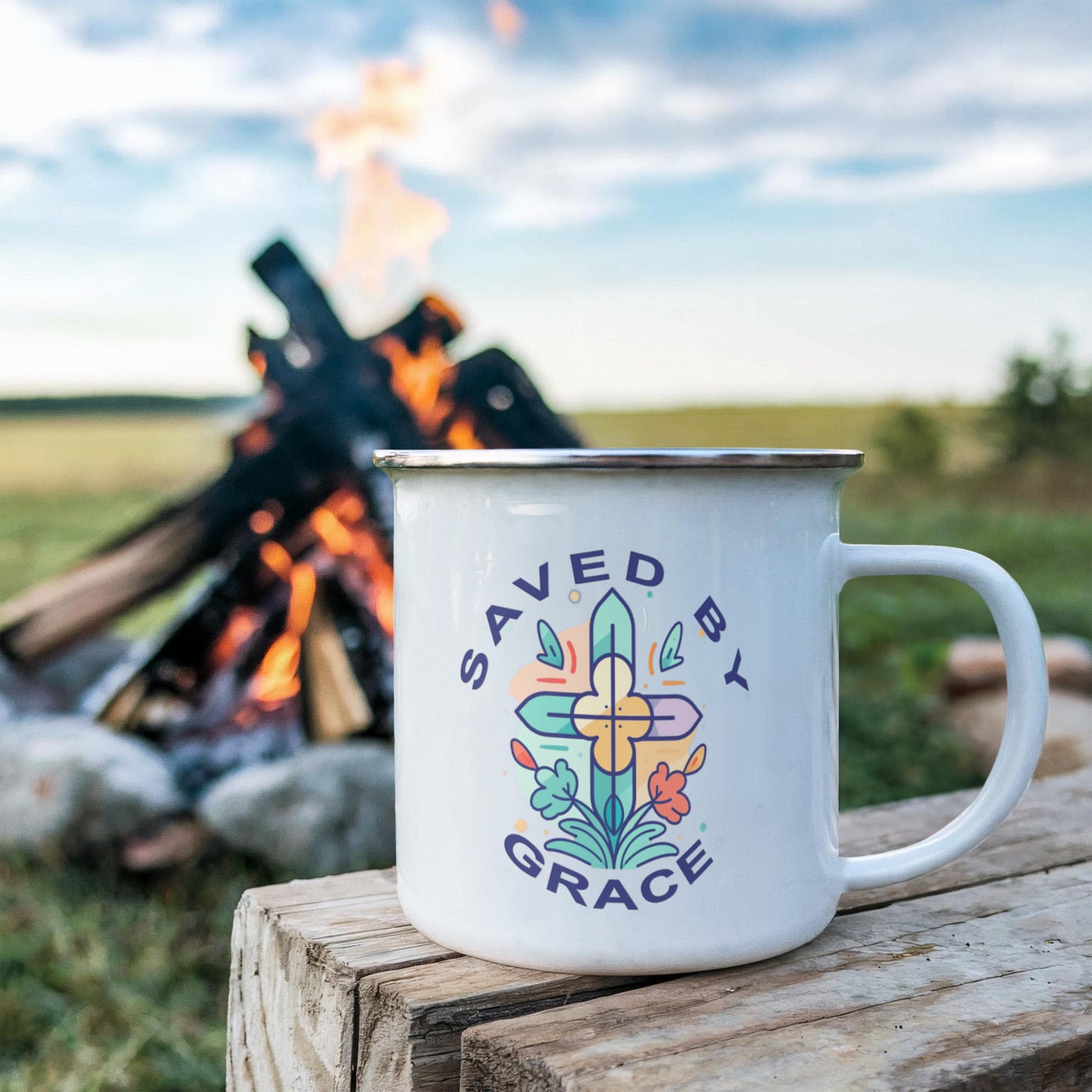 Saved By Grace - 12oz Enamel Camping Mug - Gift for Her