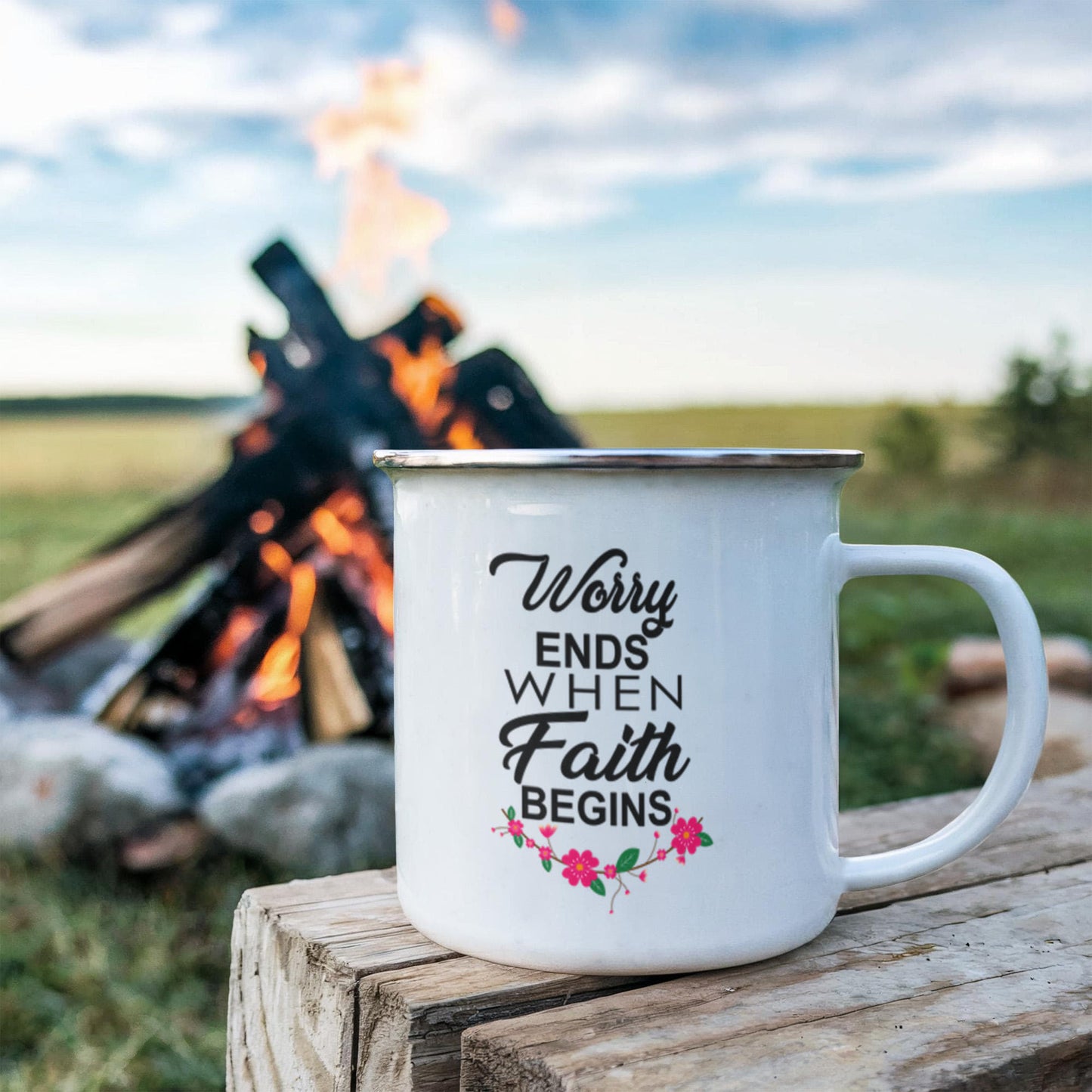 Worry Ends When Faith Begins - 12oz Enamel Camping Mug - Gift for Her