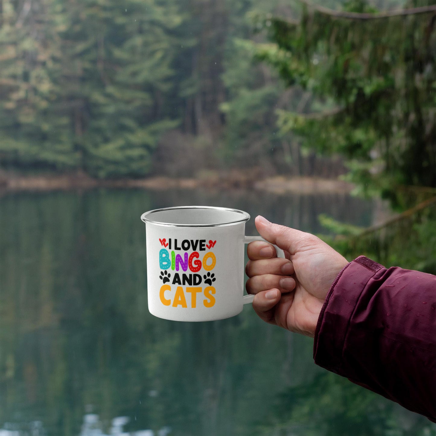 I Love Bingo And Cats - 12oz Enamel Camping Mug - Gift for Her - Gift for Him