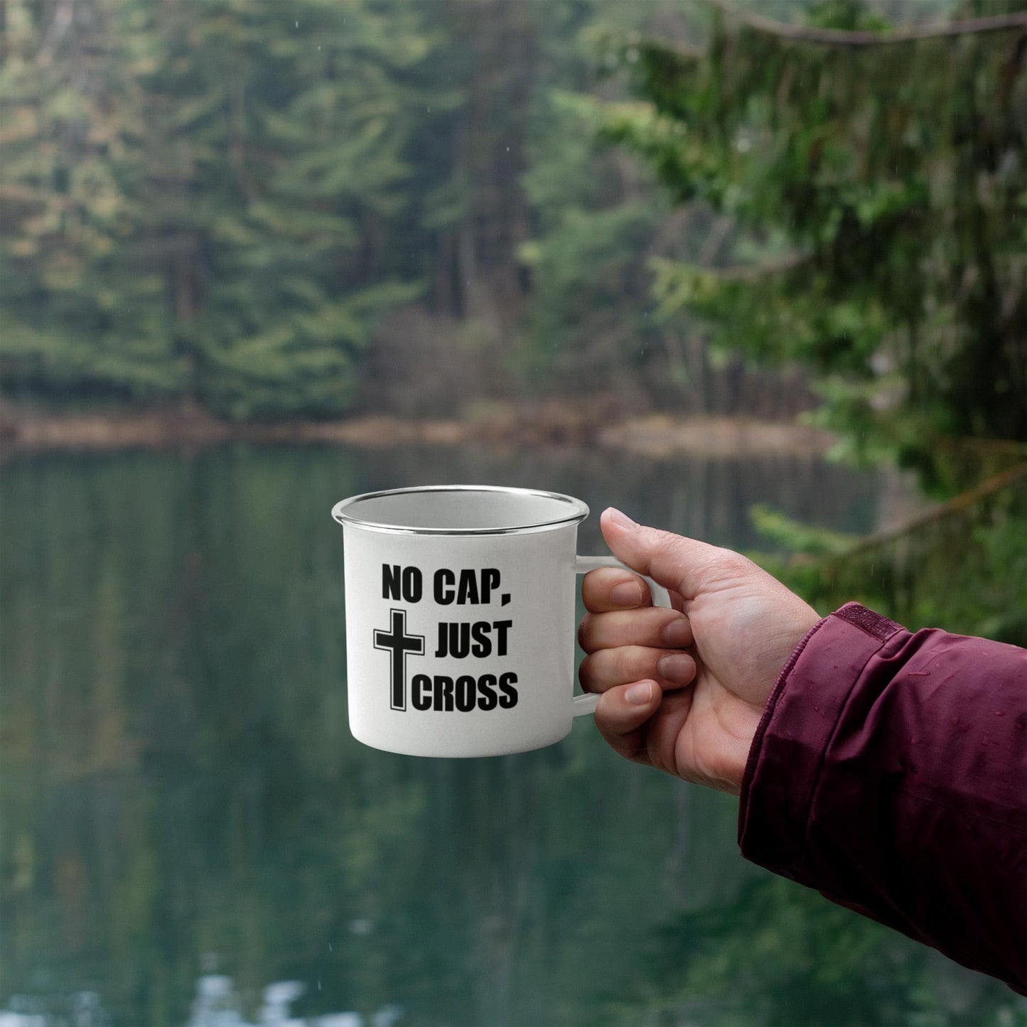 No Cap, Just Cross - 12oz Enamel Camping Mug - Gift for Her - Gift for Him