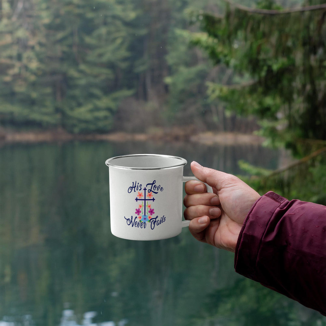 His Love Never Fails 12oz Enamel Camping Mug – Gift for Her